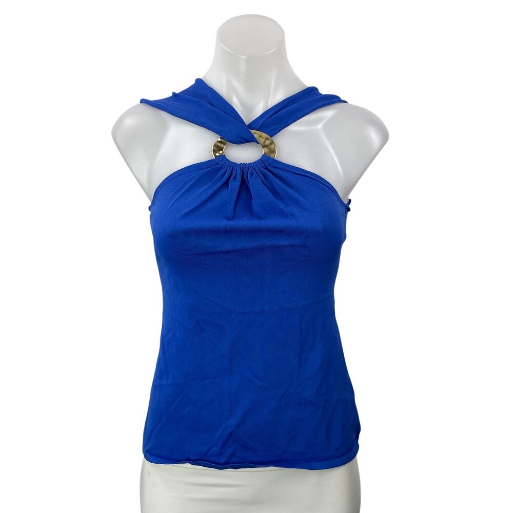 NEW Zara Women's Blue Sleeveless Knit Gold Ring Twisted Strap Halter Top Size M